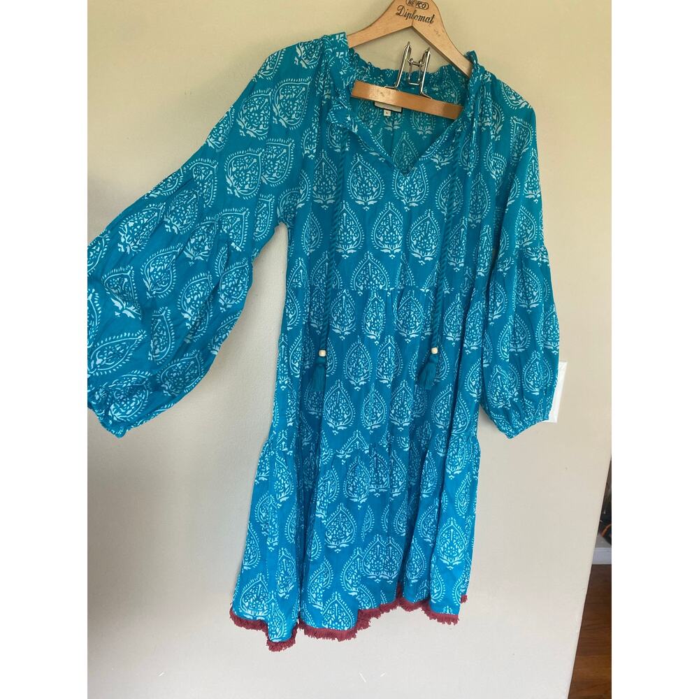 TUCKERNUCK Teal Lantern Block Print Tie Neck Coverup Dress Womens Large